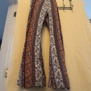 Floral Flare Pants with Red and Cream Accents